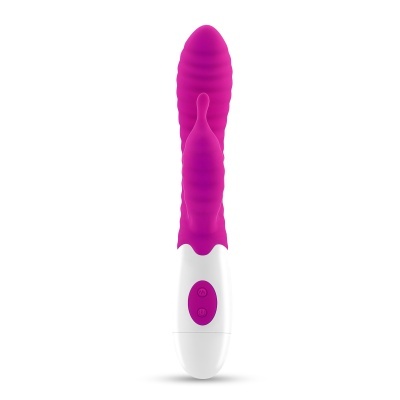 Vibrador rosa com base branca e botões roxos