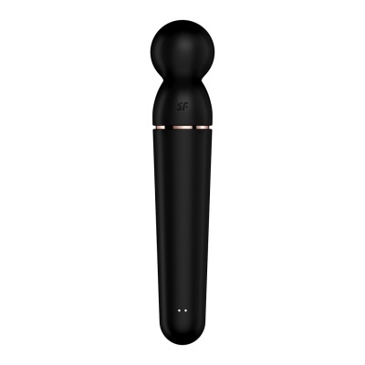 Massageador elétrico preto com design arredondado e detalhes dourados.