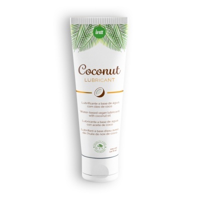 Tubo de lubrificante Coconut com design de folhas verdes e texto em várias línguas.