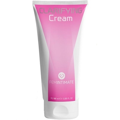 Frasco de creme rosa e branco com texto CLARIFYING Cream e FEMINTIMATE