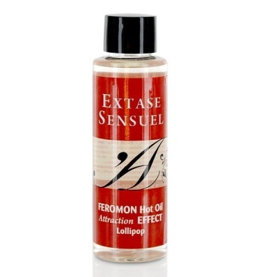 Frasco plástico com óleo quente feromonado e rótulo vermelho e branco.