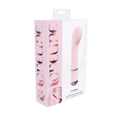 Caixa de vibrador rosa com texto Loveline e imagem da Torre Eiffel