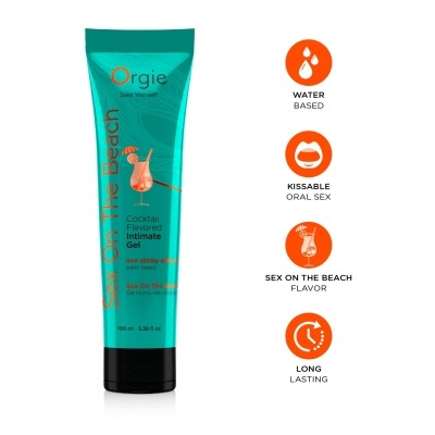Frasco de gel íntimo Orgie com sabor Sex On The Beach em fundo branco