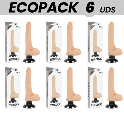 Seis dildos realistas com ventosas e embalagens com texto BASE COCK e 18,5 CM
