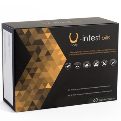 Caixa preta de suplemento alimentar U-intest pills com padrão triangular dourado e texto branco e dourado