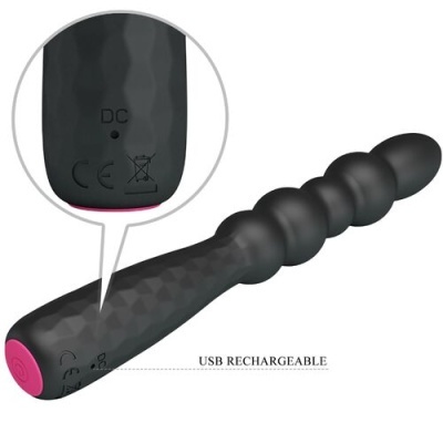 Vibrador USB recarregável preto com textura facetada e botão rosa