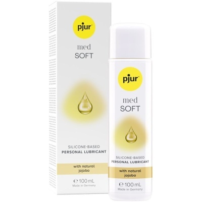 Frasco branco e embalagem de lubrificante pessoal pjur med SOFT com texto em preto e amarelo