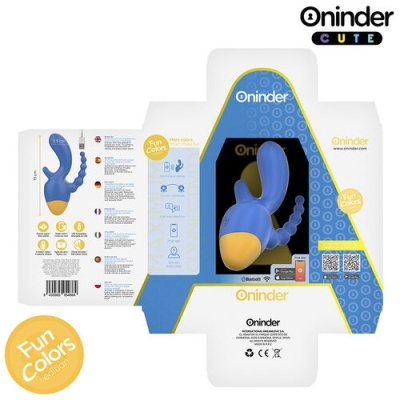 Embalagem para produto Oninder azul e amarelo com área transparente e texto multilíngue