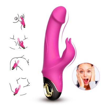 Vibrador cor-de-rosa anatómico com base preta e dourada