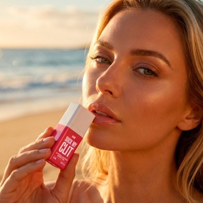 Mulher loira segura gel rosa e branco contra a boca na praia ao pôr do sol