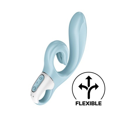Vibrador azul claro flexível com botões e símbolo de flexibilidade