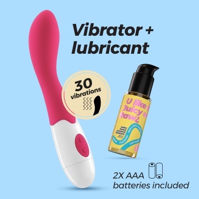 Vibrador rosa e frasco amarelo com lubrificante em fundo azul claro