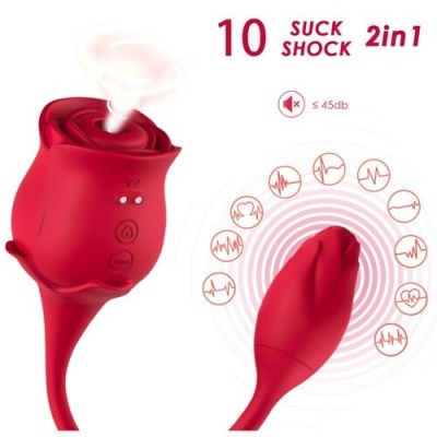 Dispositivo sexual em forma de rosa vermelha com texto 10 SUCK SHOCK 2in1 e controlo de volume