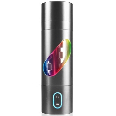 Dispositivo cilíndrico cinzento com botão iluminado a azul e janela colorida