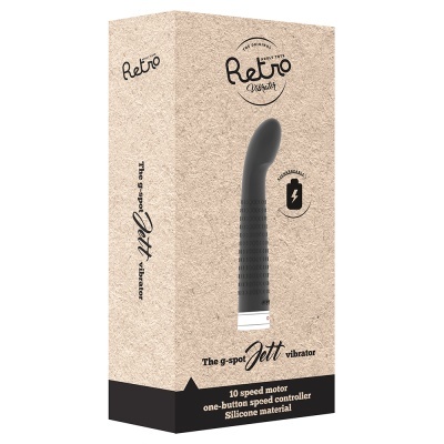 Caixa bege com vibrador cinza escuro para ponto G e detalhes em preto