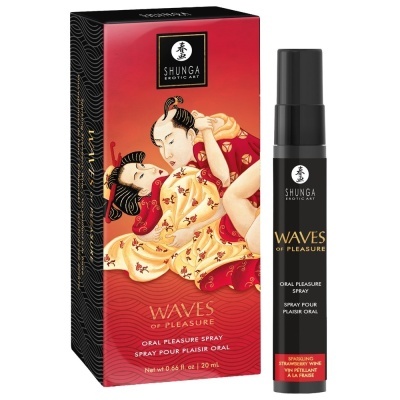Spray oral Shunga Waves of Pleasure com caixa vermelha e preta e ilustração japonesa.