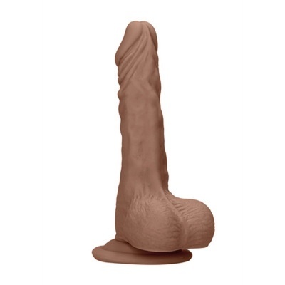 Dildo castanho texturizado com escroto e base plana