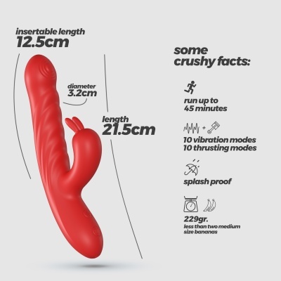 Vibrador vermelho de silicone com modos de vibração e impulso, à prova de salpicos.