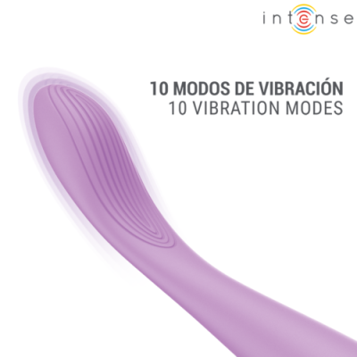 Dispositivo vibratório roxo com textura e texto sobre modos de vibração