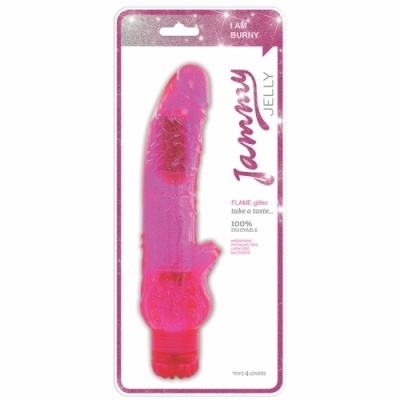 Vibrador rosa translúcido com glitter em embalagem branca e rosa