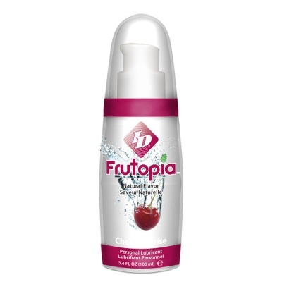 Frasco de lubrificante pessoal Frutopia com sabor natural e detalhes em rosa
