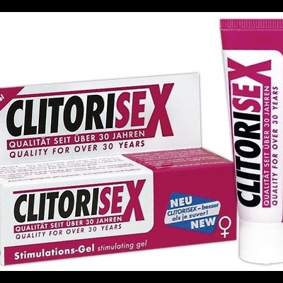 Gel estimulante Clitorisex em tubo rosa com embalagem branca e rosa, texto em alemão e inglês