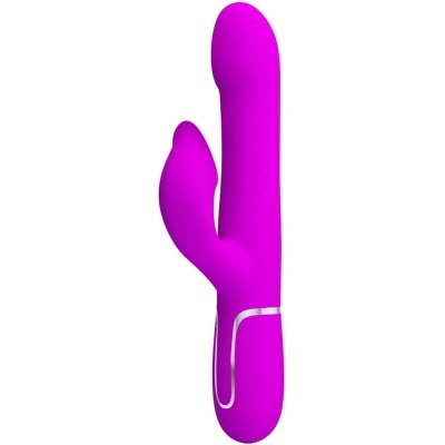 Vibrador rosa em silicone com duas extremidades e detalhes em prata