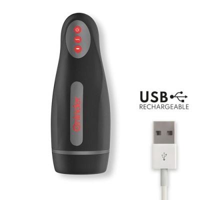 Dispositivo portátil preto Qrinder com cabo USB branco e texto USB RECHARGEABLE