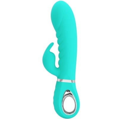 Vibrador azul turquesa com estimulador e base ergonómica prateada