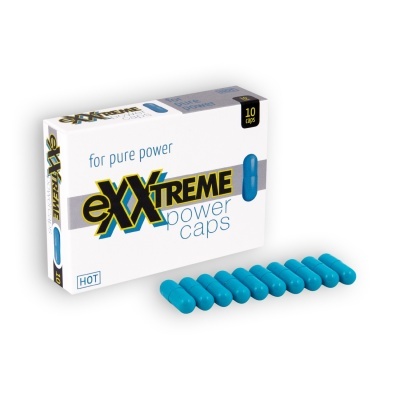 Caixa branca de cápsulas azuis e texto eXXtreme power caps