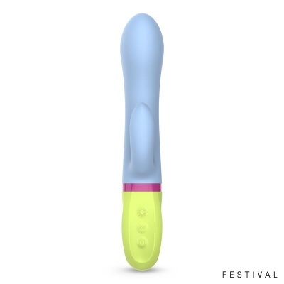Vibrador azul com base amarela e rosa e texto FESTIVAL