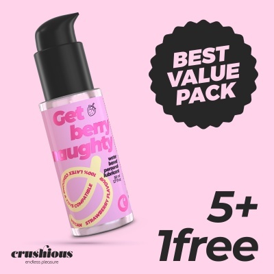 Frasco de lubrificante pessoal rosa com doseador preto e selo BEST VALUE PACK em fundo rosa