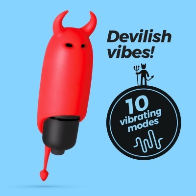 Vibrador vermelho com chifres em fundo azul com texto e selo preto