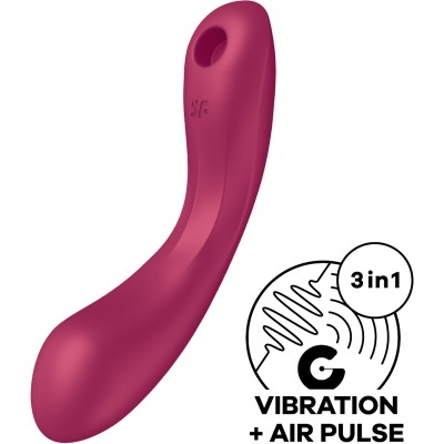 Produto de silicone vinho com formato curvo e abertura circular com texto SF e ícone 3in1 Vibration + Air Pulse