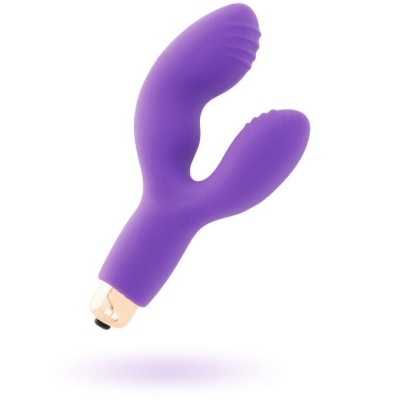 Vibrador duplo roxo com textura e base dourada