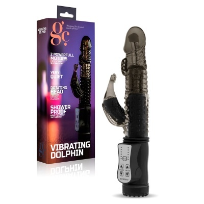 Vibrador tipo coelho translúcido preto com controlo e embalagem ao lado
