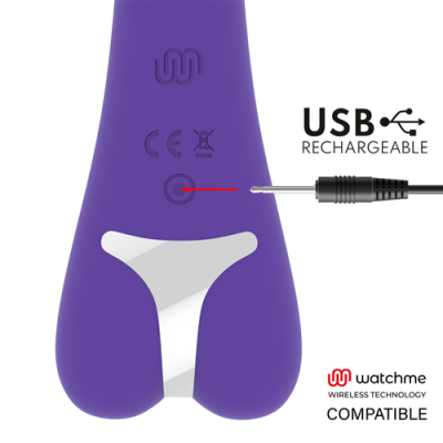 Dispositivo eletrônico roxo com USB recarregável e símbolos de certificação