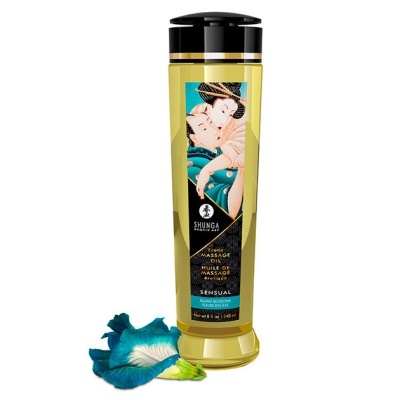 Frasco de óleo de massagem erótico Shunga com rótulo ilustrado
