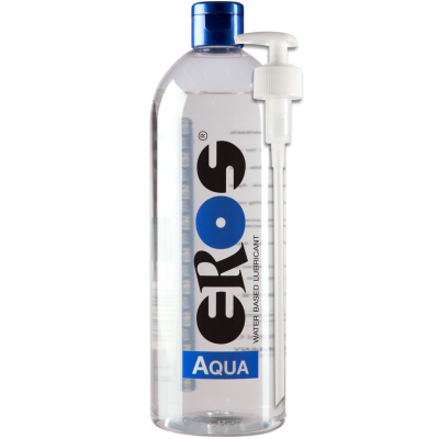 Frasco transparente de lubrificante à base de água EROS Aqua com tampa azul e bomba doseadora branca
