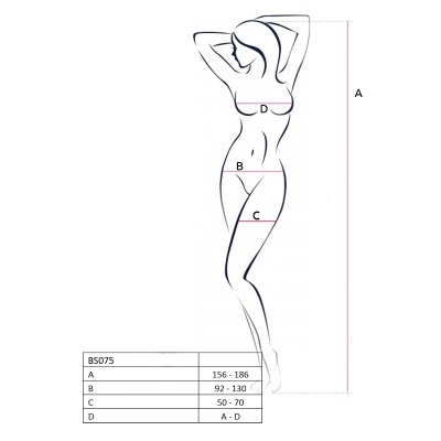 Ilustração de figura feminina com linhas de medida A, B, C, D e tabela de medidas