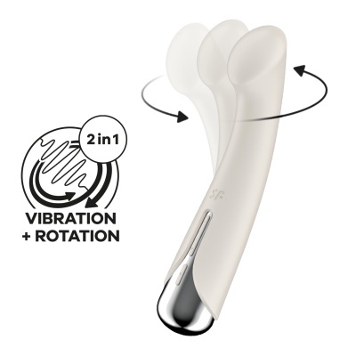 Vibrador branco e prateado com funções de vibração e rotação