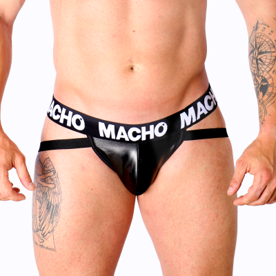 Cueca jockstrap preta com cós elástico preto e branco MACHO