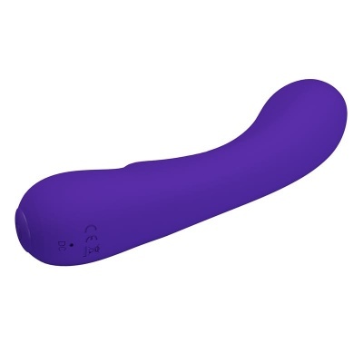 Vibrador roxo de silicone com formato curvo e base com símbolos CE e DC