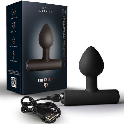 Plug anal preto recarregável com cabo USB e embalagem da marca ROCKSOFF