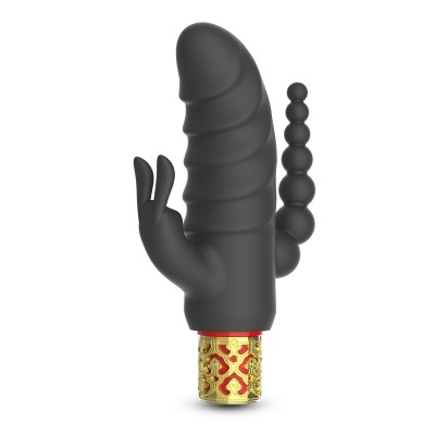 Vibrador preto de silicone com base vermelha e dourada num fundo branco