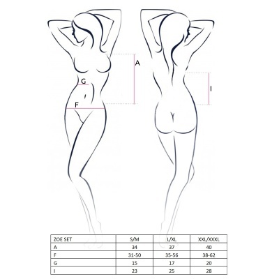 Ilustração contorno feminino com tabela de tamanhos ZOE SET.
