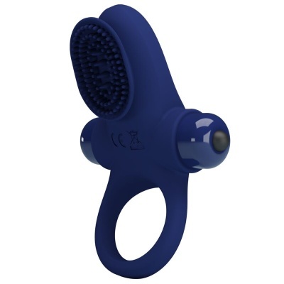 Anel vibratório azul escuro em silicone com textura e cápsulas vibratórias
