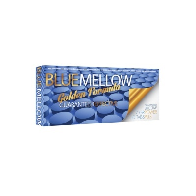 Embalagem azul e dourada de suplemento alimentar BLUEMELLOW Golden Formula com texto em destaque.
