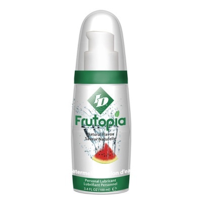 Frasco branco de lubrificante Frutopia com tampa transparente e imagem de melancia