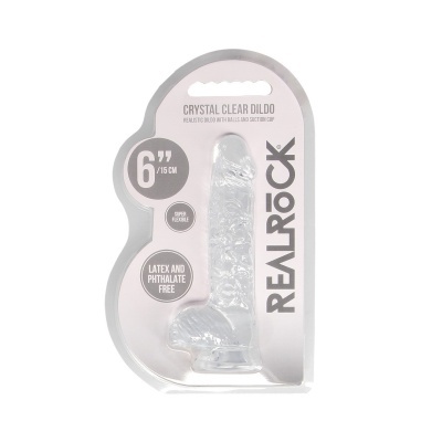 Dildo transparente tipo cristal com ventosa e testículos na embalagem plástica